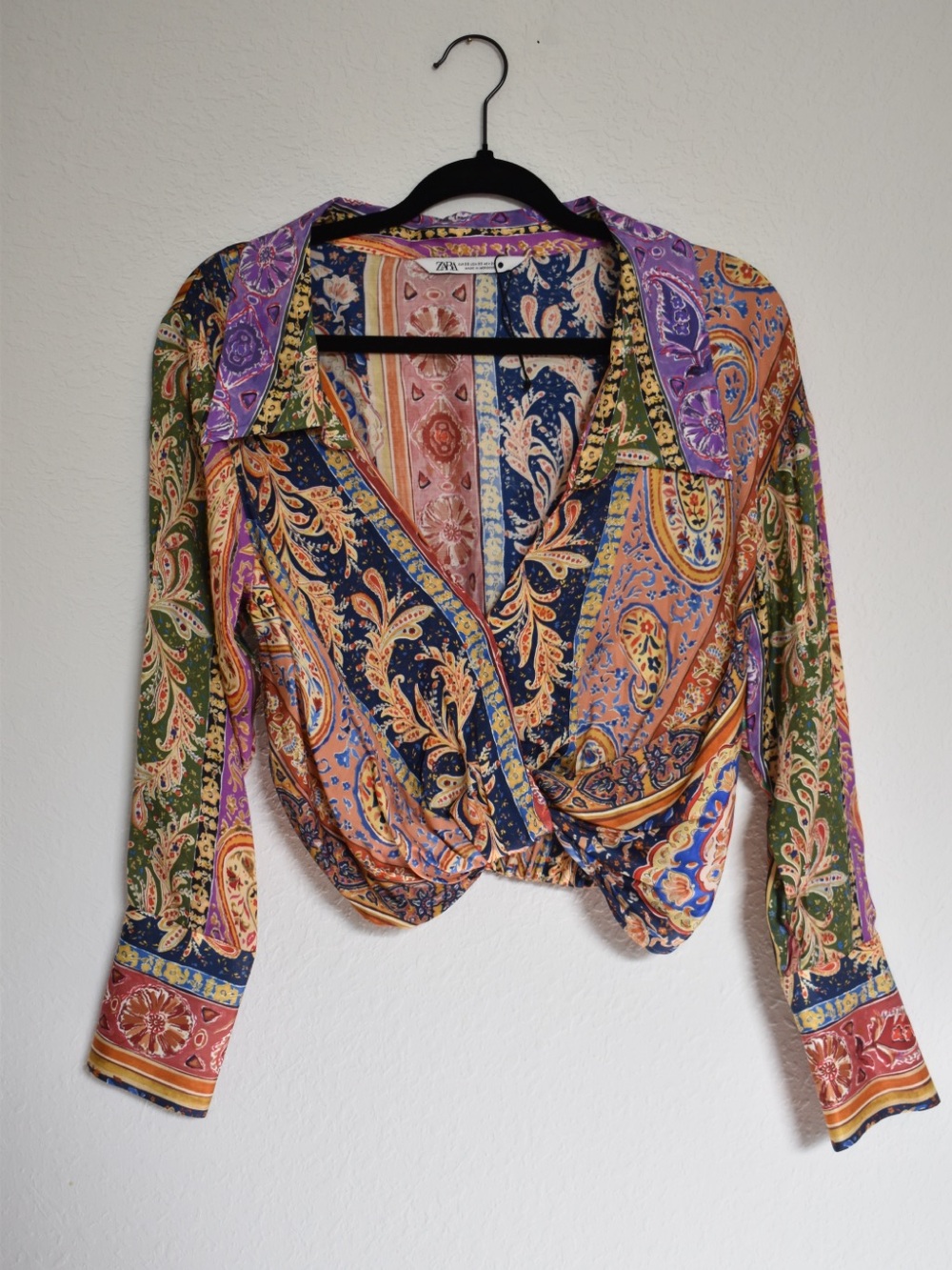 NWOT Zara Paisley Patchwork Wrap Plunge Blouse - Purple, Green, Blue, Orange